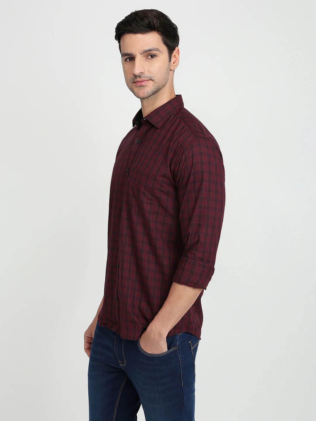 Park Avenue Men Maroon Checks Slim Fit Cotton Full Sleeve Casual Shirt - Image 2