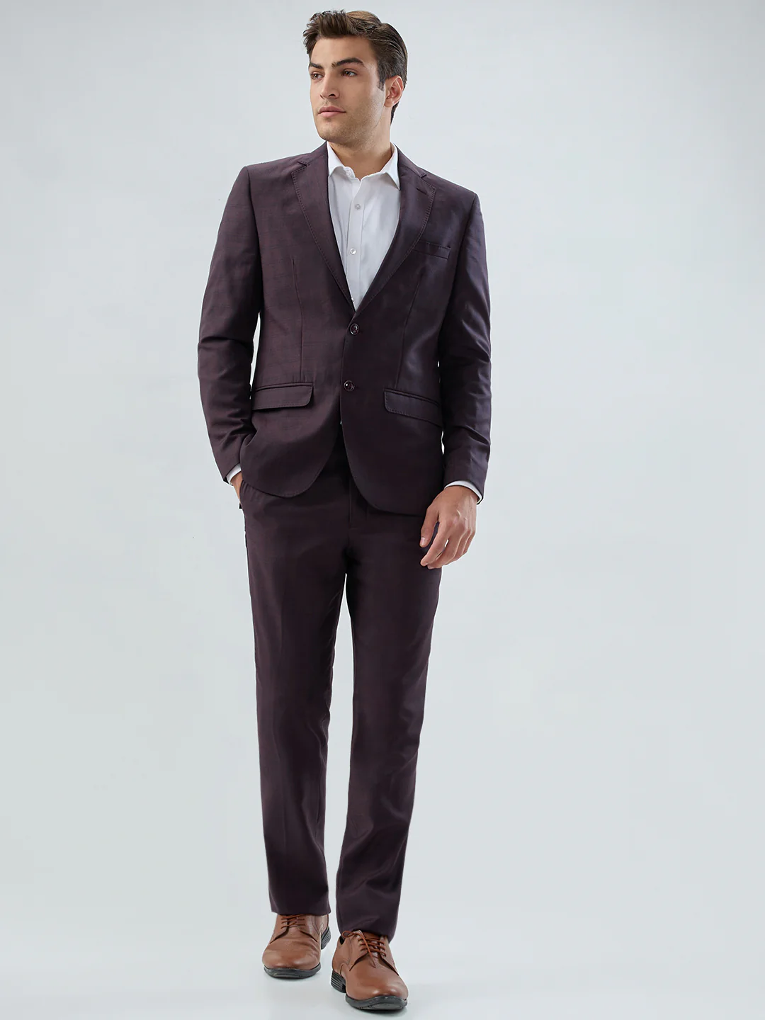 Park Avenue Men Maroon Checks Slim Fit Polyester Blend Suit