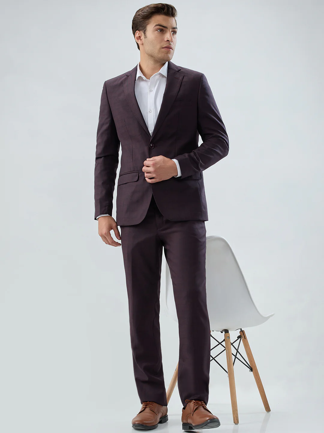 Park Avenue Men Maroon Checks Slim Fit Polyester Blend Suit - Image 5