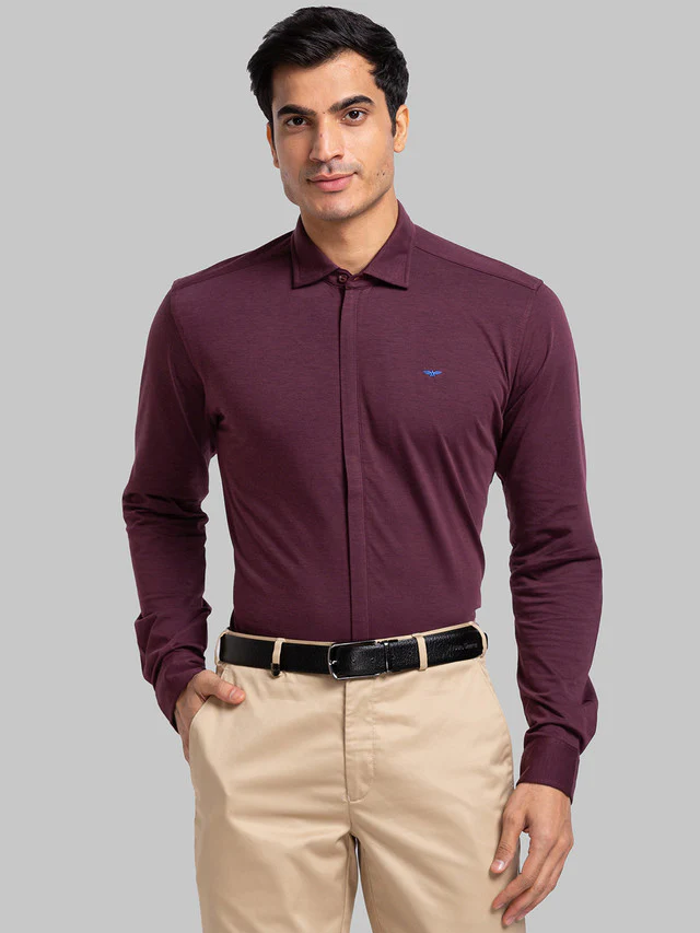 Park Avenue Men Maroon Solid Slim Fit Full Sleeve Narrow Collar Shirt