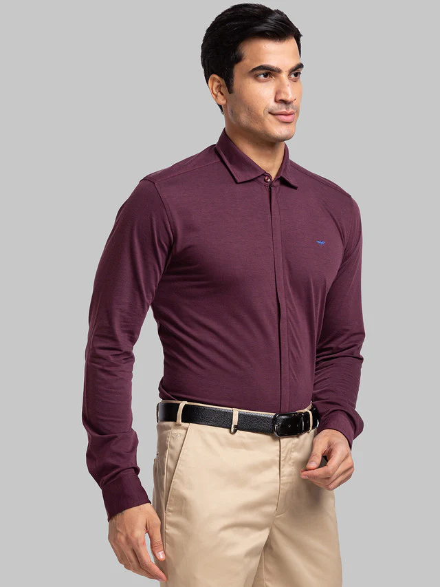 Park Avenue Men Maroon Solid Slim Fit Full Sleeve Narrow Collar Shirt - Image 2