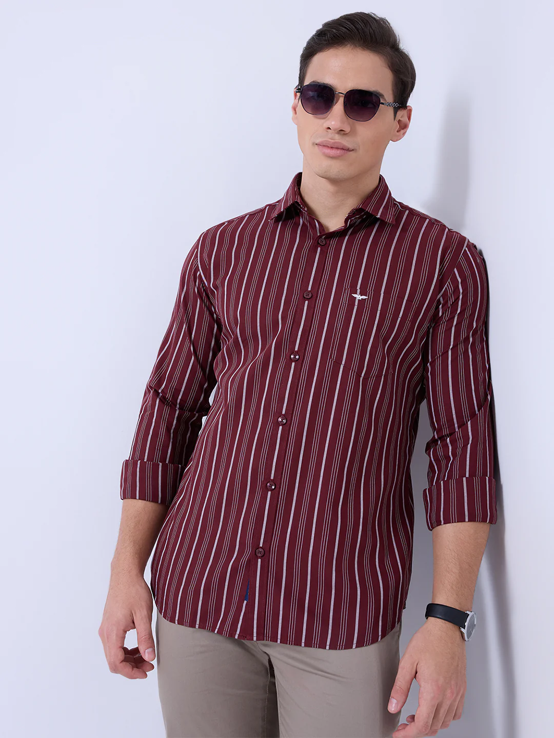 Park Avenue Men Maroon Stripe Slim Fit Cotton Casual Shirt