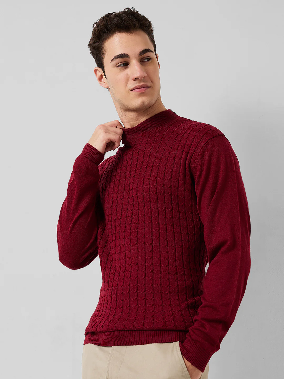 Park Avenue Men Maroon Structure Regular Fit Acro Blend Full Sleeve Round Neck Collar Sweater - Image 2