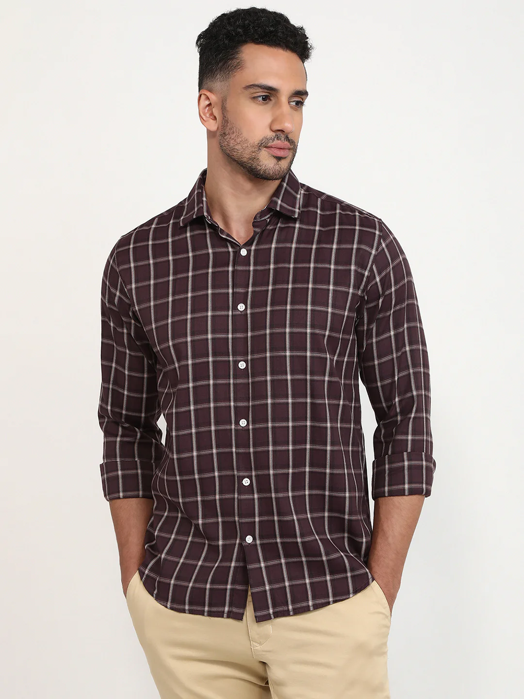 Park Avenue Men Marron Checks Slim Fit Polyester Blend Casual Shirt