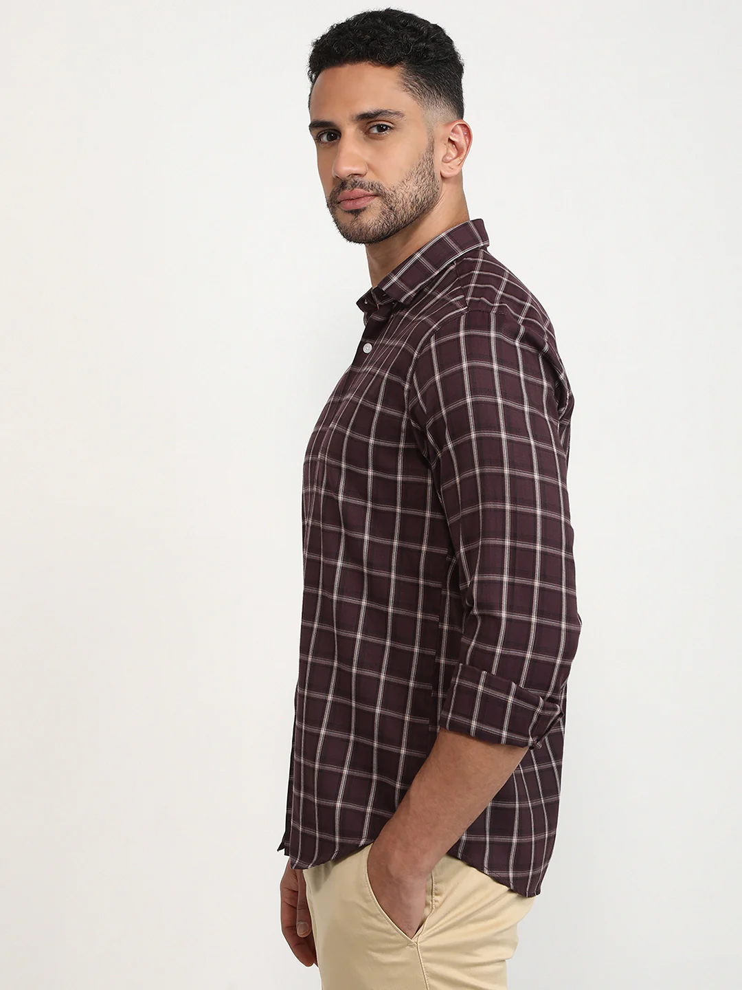 Park Avenue Men Marron Checks Slim Fit Polyester Blend Casual Shirt - Image 2