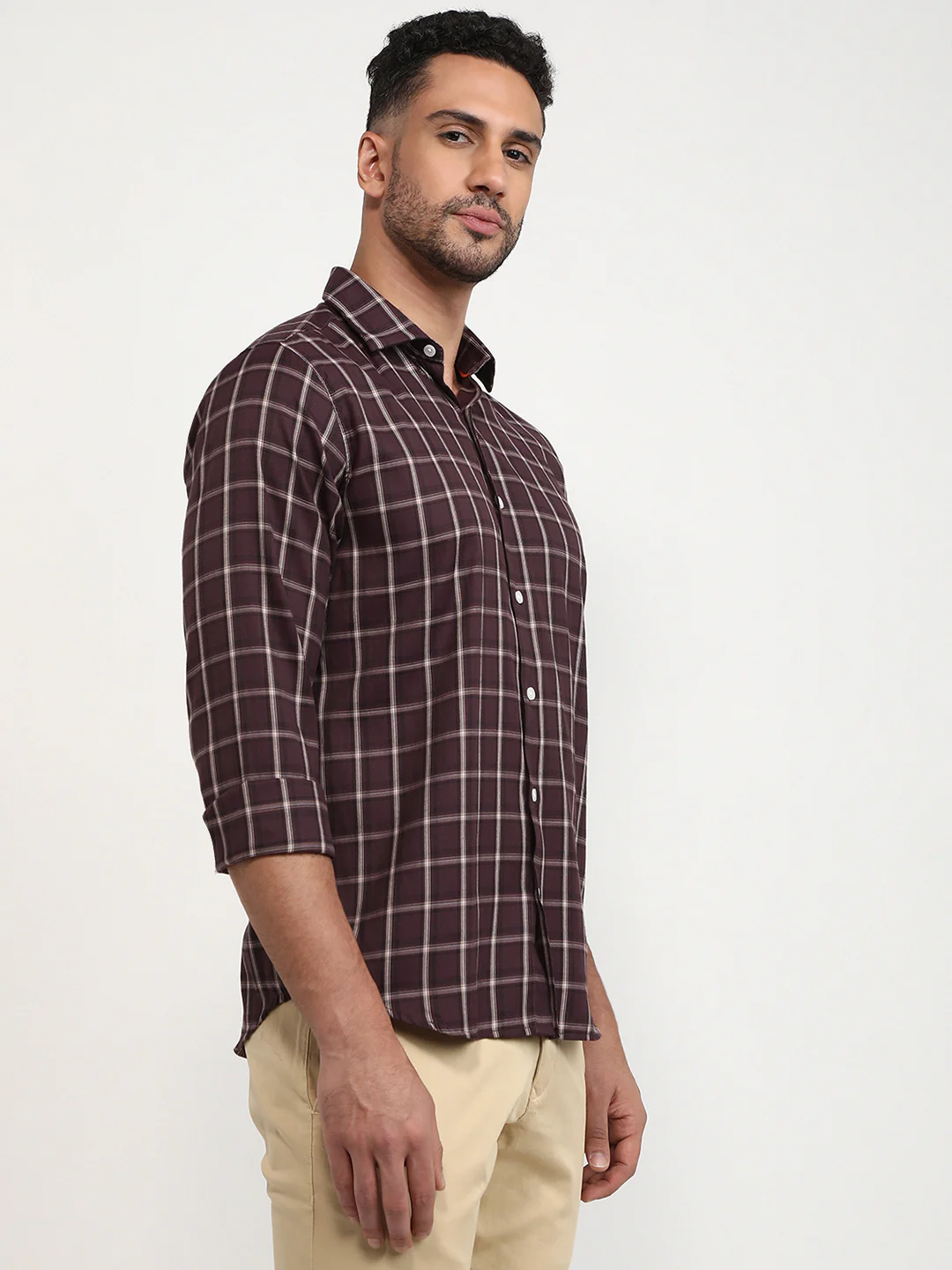 Park Avenue Men Marron Checks Slim Fit Polyester Blend Casual Shirt - Image 3