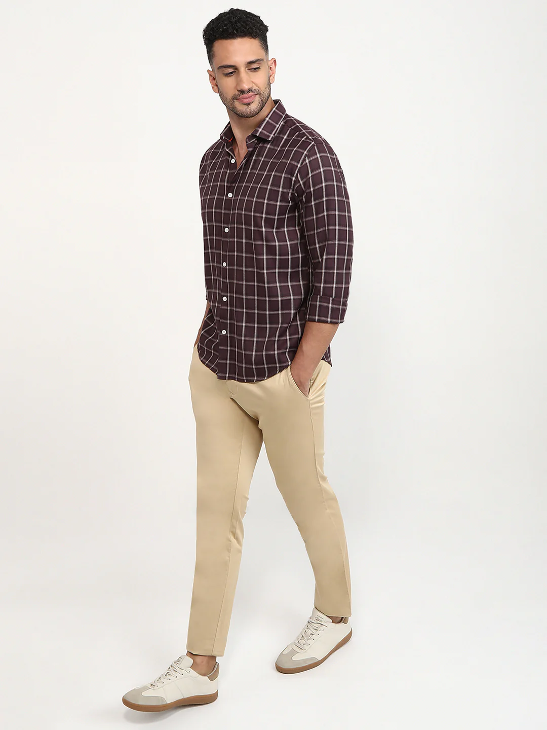 Park Avenue Men Marron Checks Slim Fit Polyester Blend Casual Shirt - Image 5
