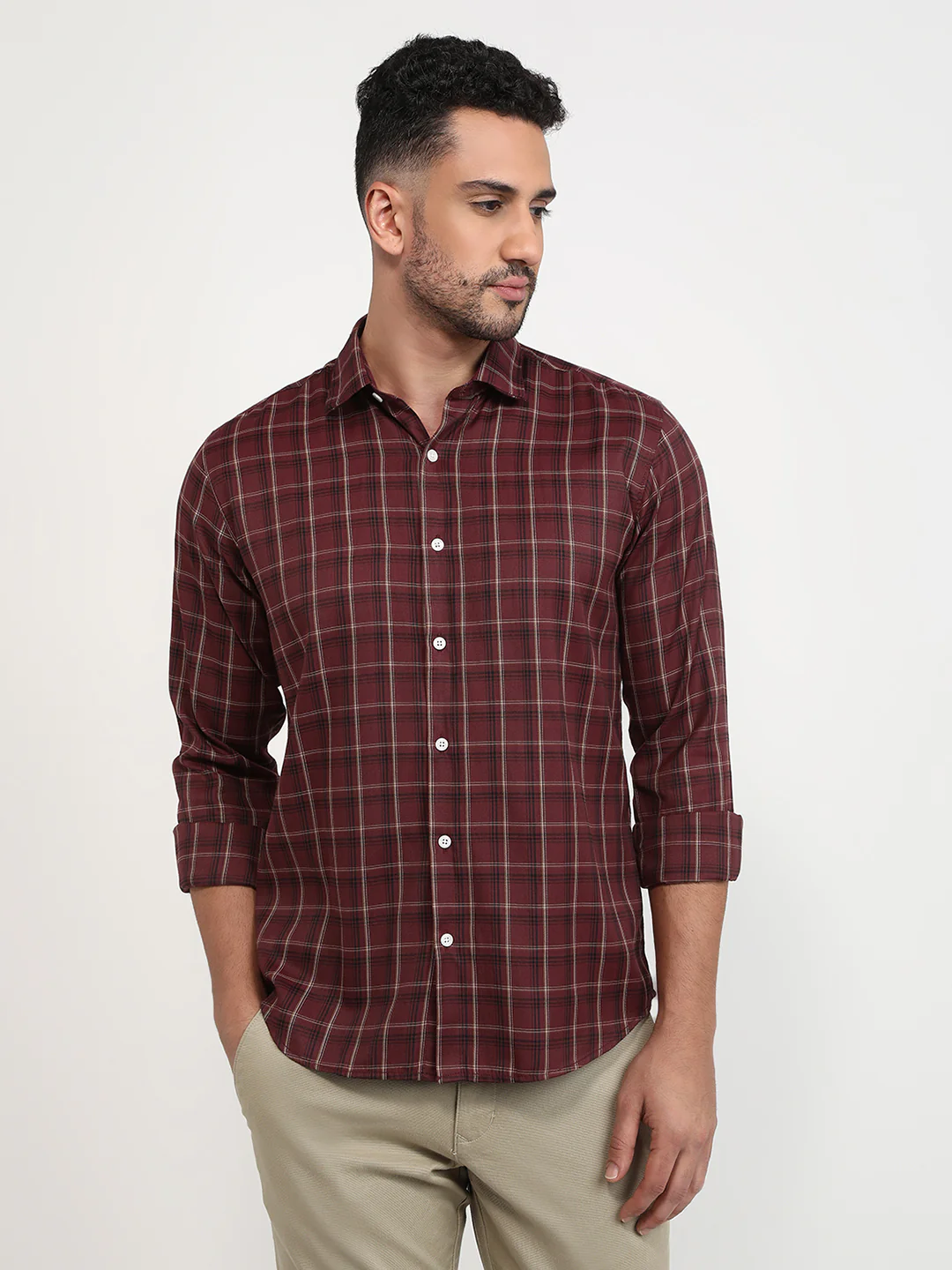 Park Avenue Men Marron Checks Slim Fit Polyester Blend Casual Shirt