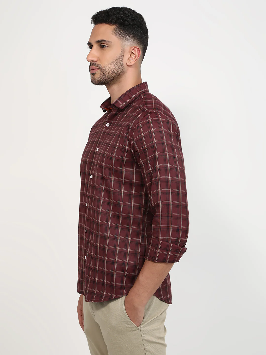 Park Avenue Men Marron Checks Slim Fit Polyester Blend Casual Shirt - Image 2
