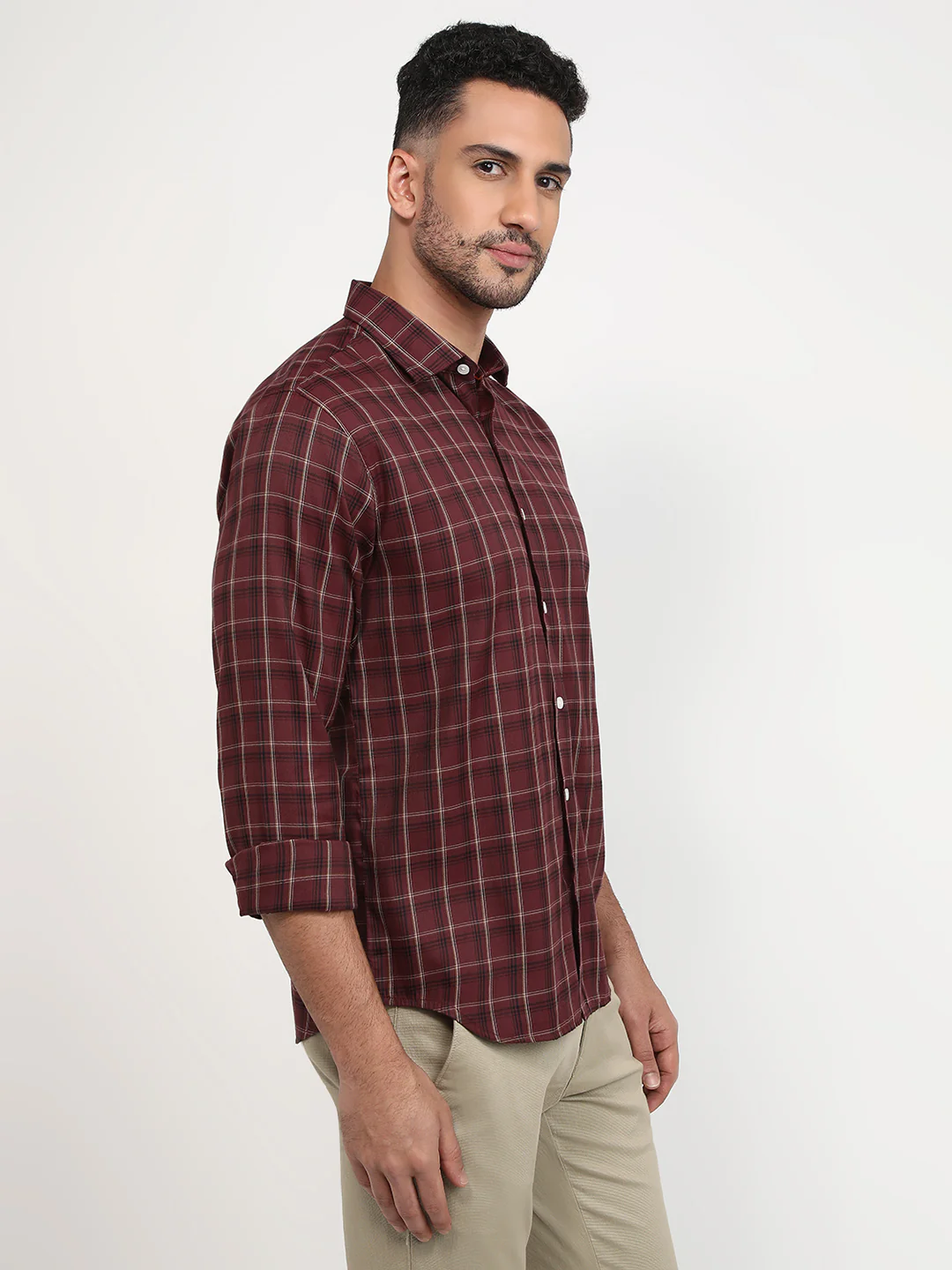 Park Avenue Men Marron Checks Slim Fit Polyester Blend Casual Shirt - Image 3