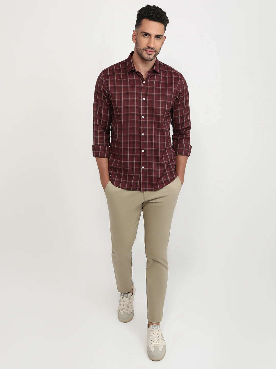 Park Avenue Men Marron Checks Slim Fit Polyester Blend Casual Shirt - Image 5