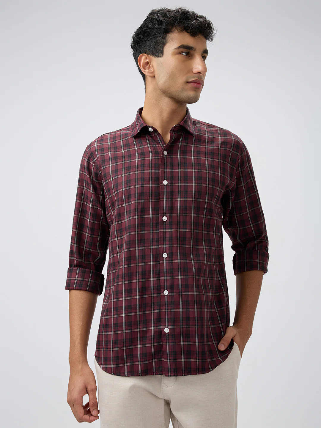 Park Avenue Men Marron Checks Slim Fit Polyester Blend Casual Shirt