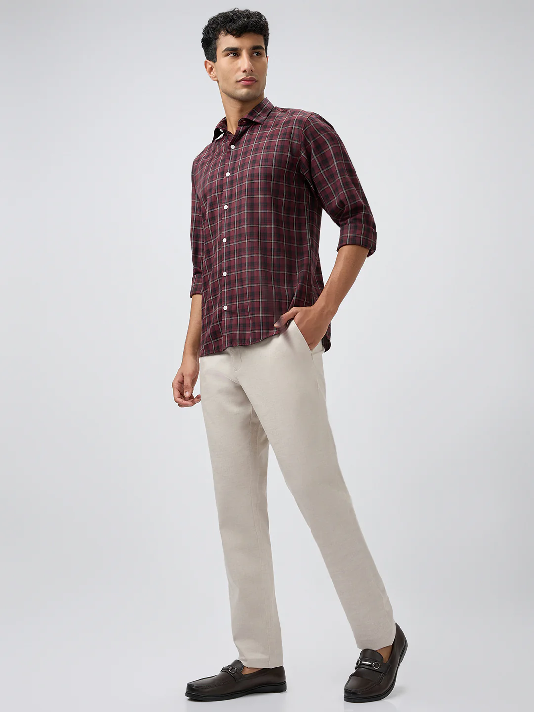 Park Avenue Men Marron Checks Slim Fit Polyester Blend Casual Shirt - Image 5