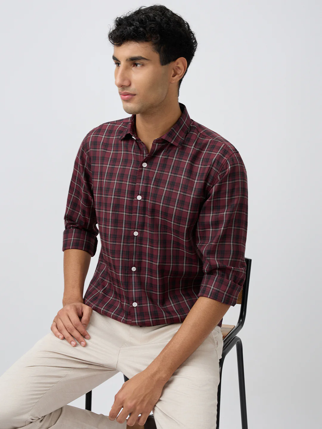 Park Avenue Men Marron Checks Slim Fit Polyester Blend Casual Shirt - Image 6