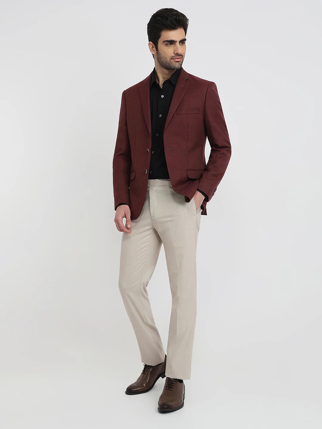 Park Avenue Men Marron Solid Super Slim Fit Polyester Blend Blazer - Image 5