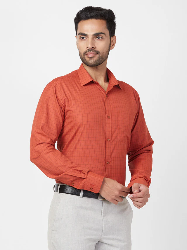 Park Avenue Men Orange Checkered Slim Fit Full Sleeve Semi Cut Away Collar Shirt - Image 2