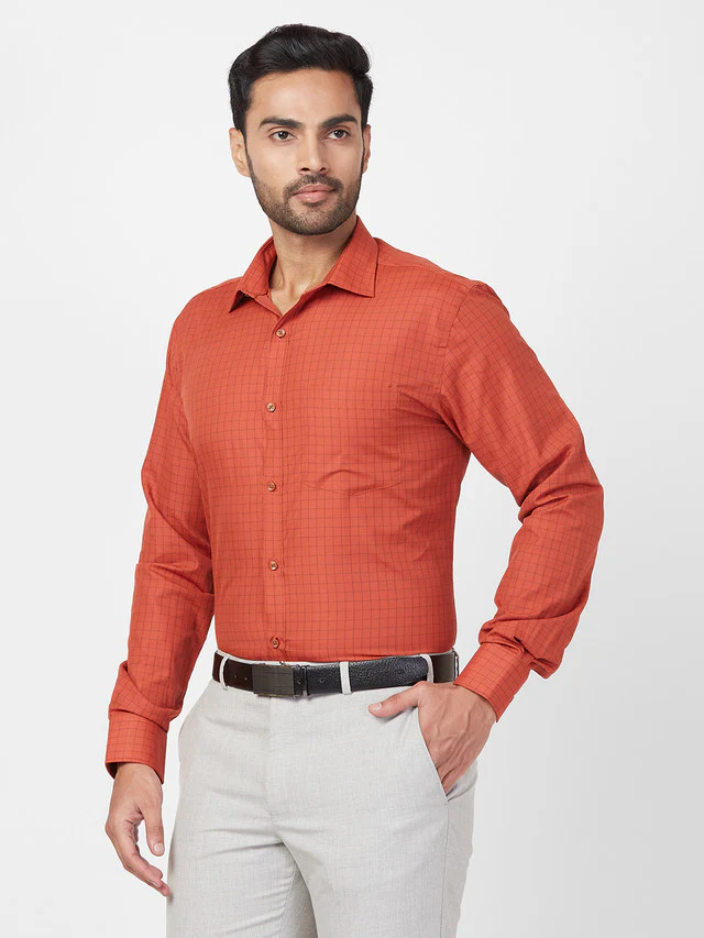Park Avenue Men Orange Checkered Slim Fit Full Sleeve Semi Cut Away Collar Shirt - Image 3
