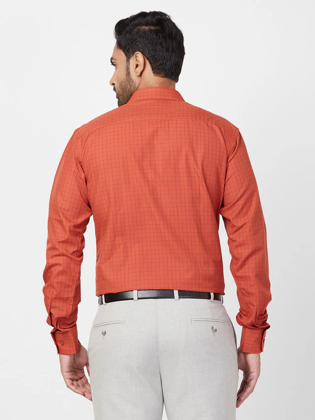 Park Avenue Men Orange Checkered Slim Fit Full Sleeve Semi Cut Away Collar Shirt - Image 4