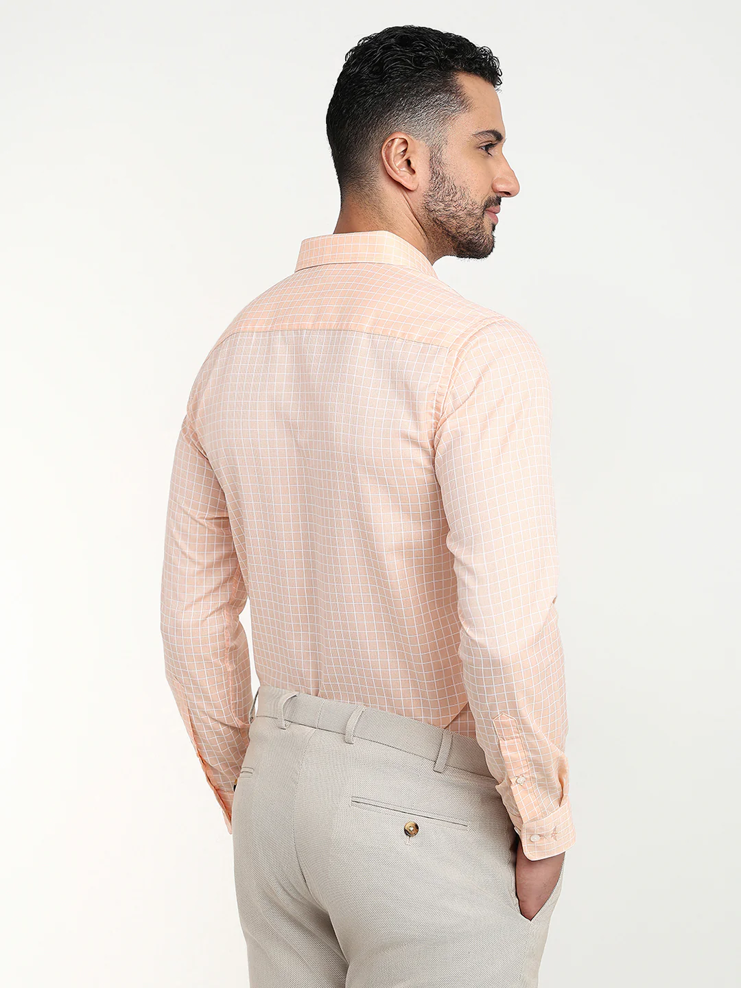 Park Avenue Men Orange Checks Slim Fit Cotton Blend Formal Shirt - Image 4