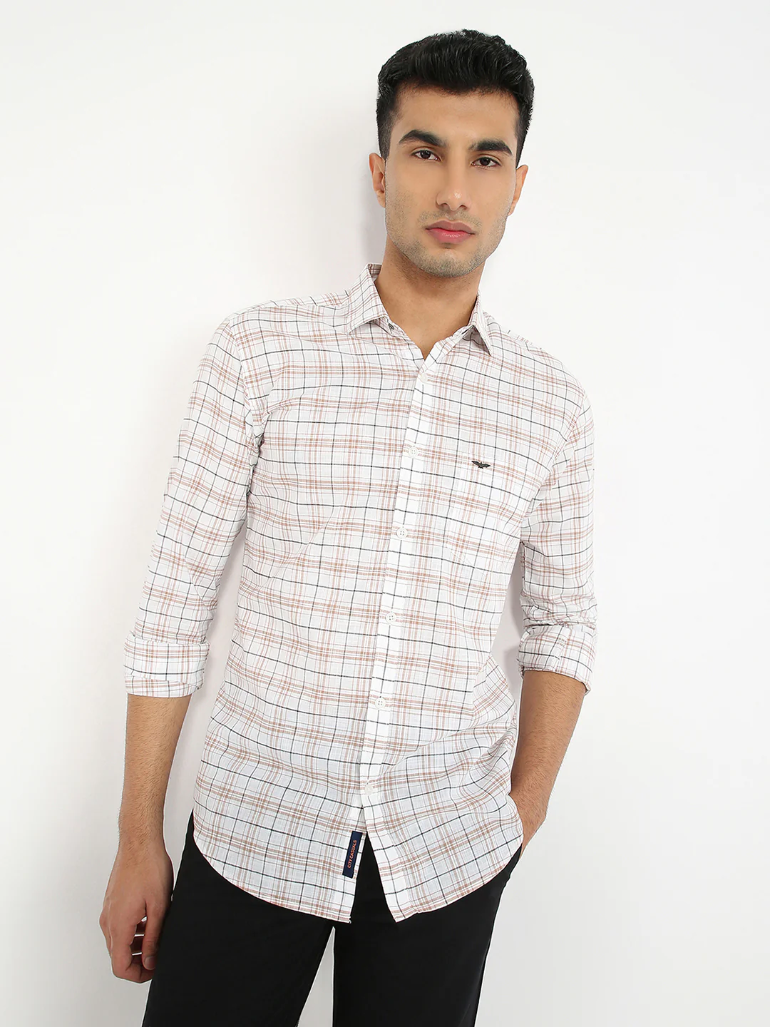 Park Avenue Men Orange Checks Slim Fit Cotton Casual Shirt