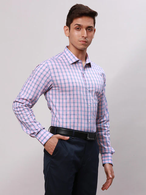 Park Avenue Men Blue Checks Slim Fit Cotton Formal Shirt - Image 2
