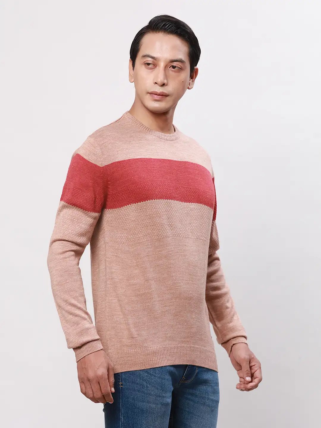 Park Avenue Men Orange Stripe Regular Acrylic Full Sleeve V Neck Sweaters - Image 2
