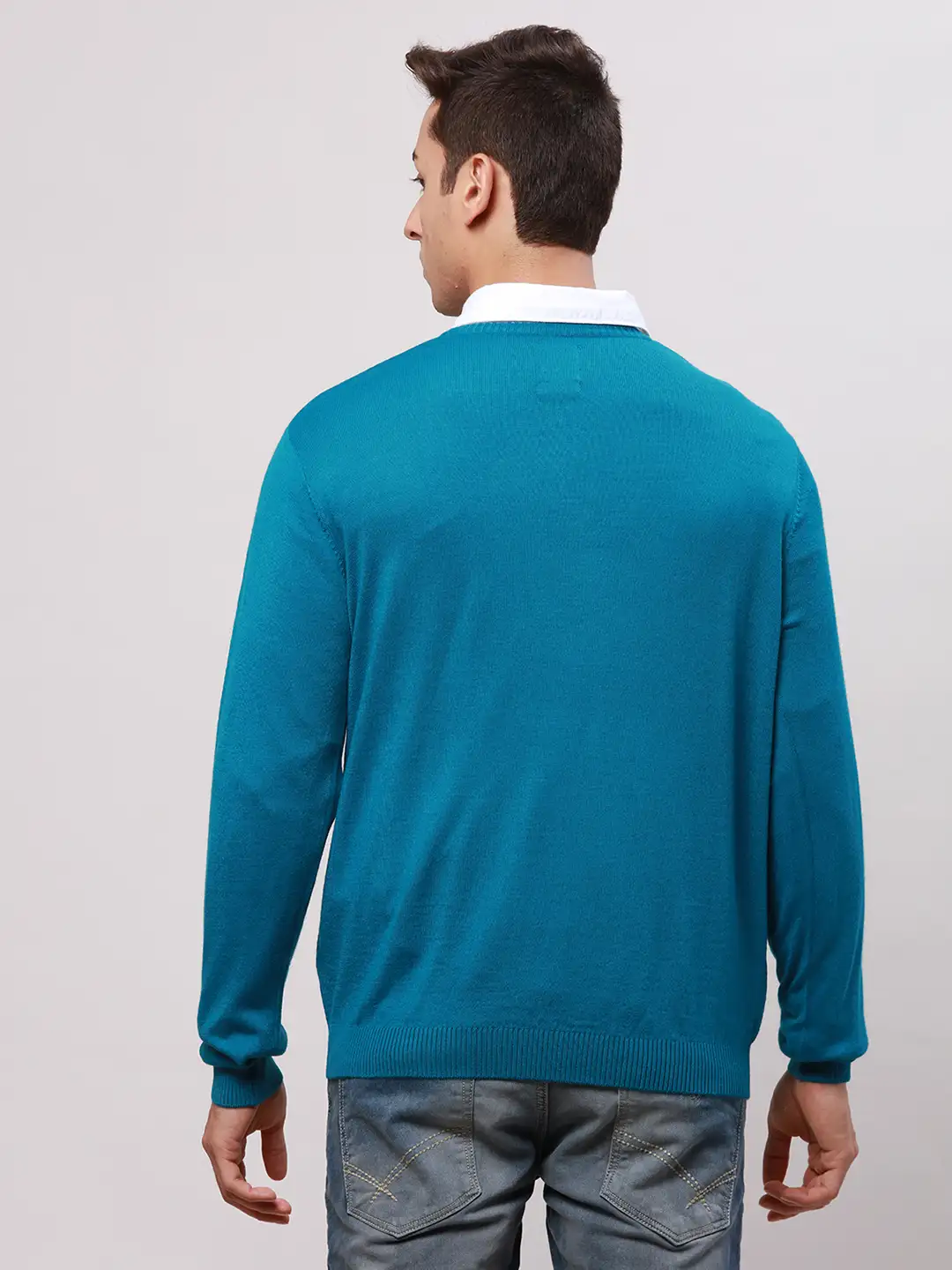 Park Avenue Men Petrol Regular Fit Solid Cotton Full Sleeve V Neck Collar Pullovers - Image 4