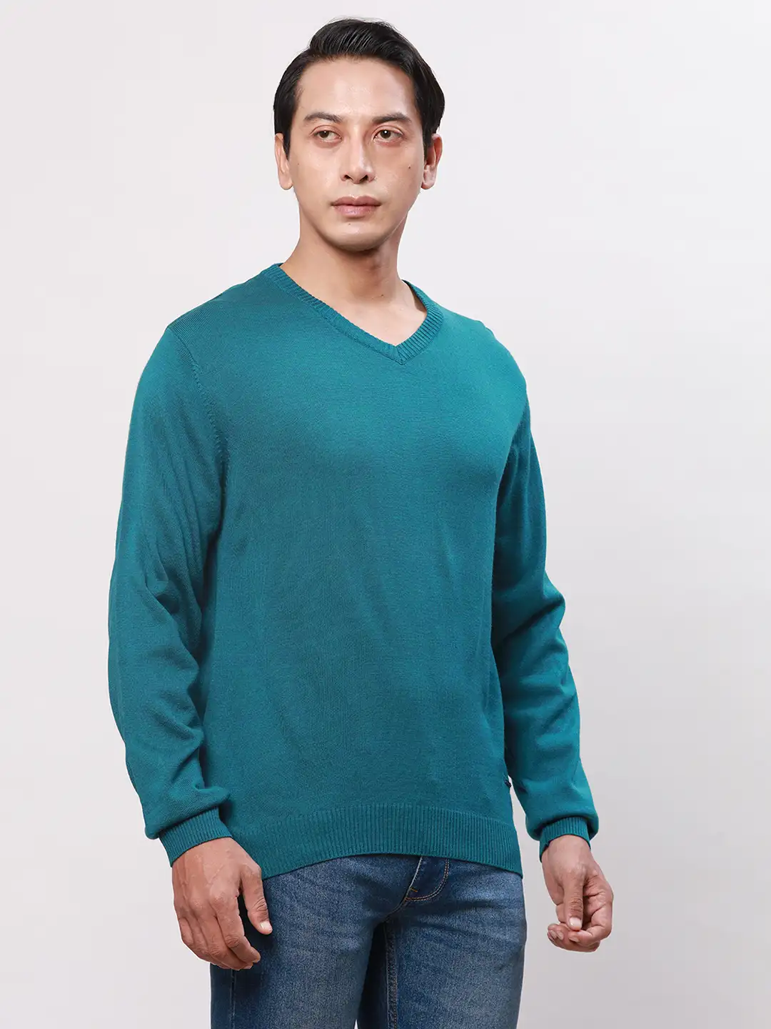 Park Avenue Men Petrol Solid Regular Acrylic Full Sleeve Pullover - Image 2