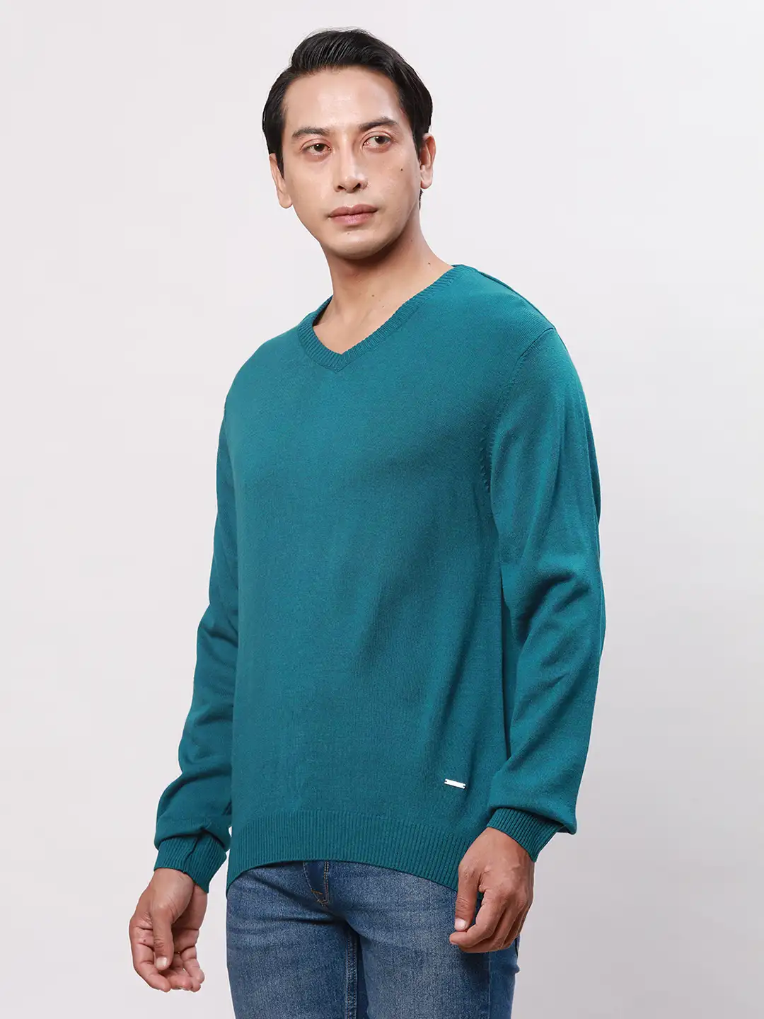 Park Avenue Men Petrol Solid Regular Acrylic Full Sleeve Pullover - Image 3
