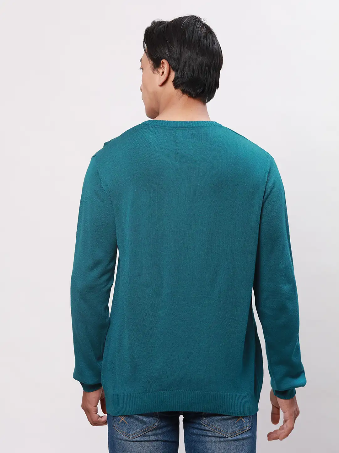 Park Avenue Men Petrol Solid Regular Acrylic Full Sleeve Pullover - Image 4