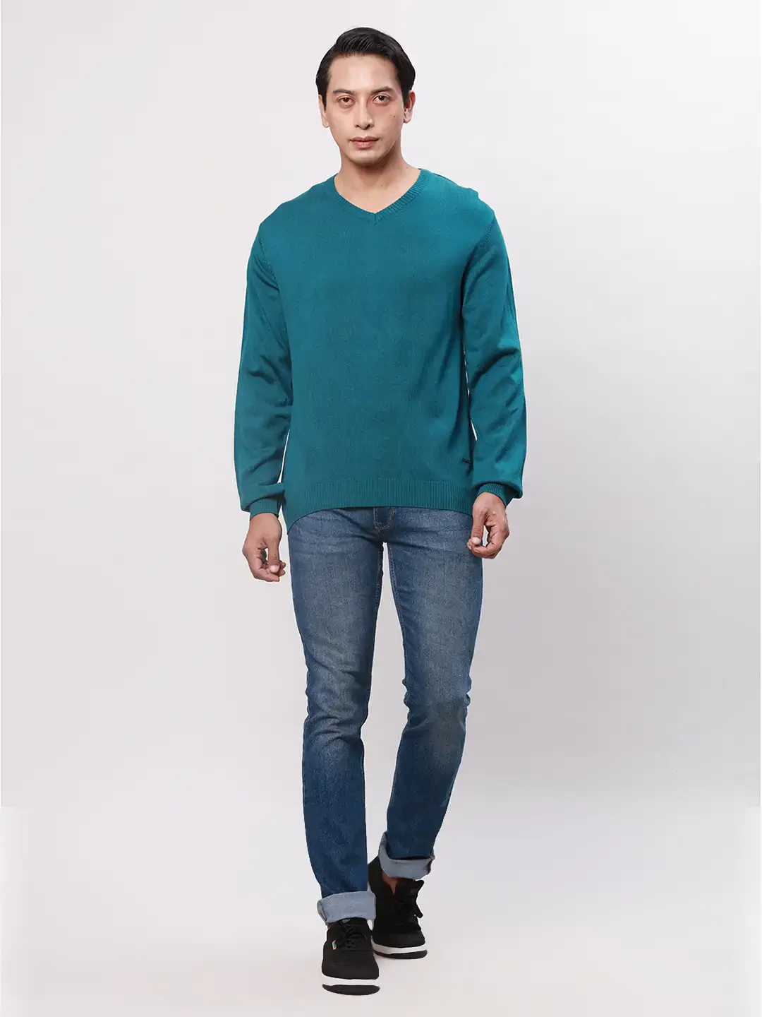 Park Avenue Men Petrol Solid Regular Acrylic Full Sleeve Pullover - Image 5