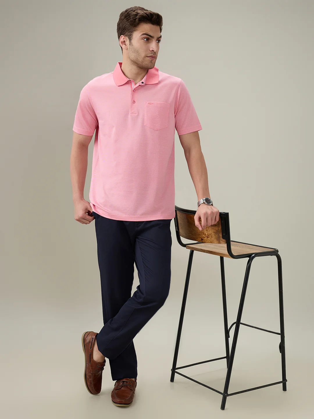 Park Avenue Men Pink Two Tone Slim Fit Cotton T-Shirt - Image 6