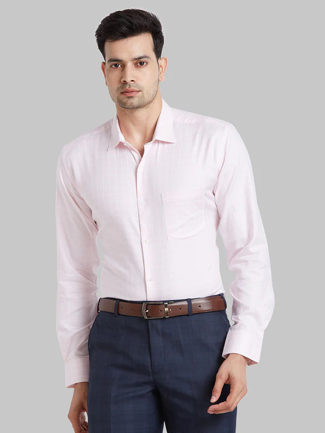 Park Avenue Men Pink Checkered Regular Fit Cotton Formal Shirt