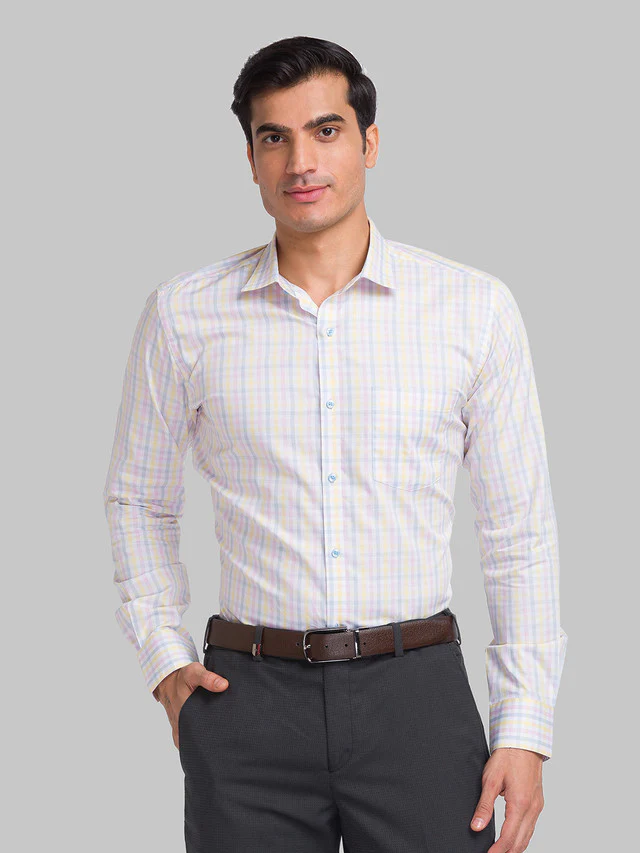 Park Avenue Men White Checkered Slim Fit Cotton Formal Shirt
