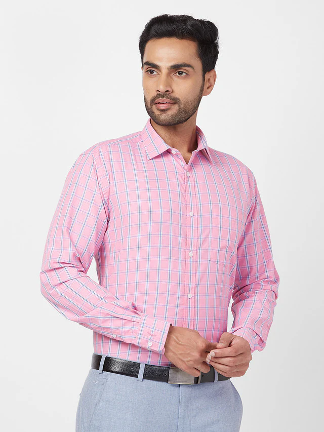 Park Avenue Men Pink Checkered Slim Fit Polyester Blend Formal Shirt - Image 2
