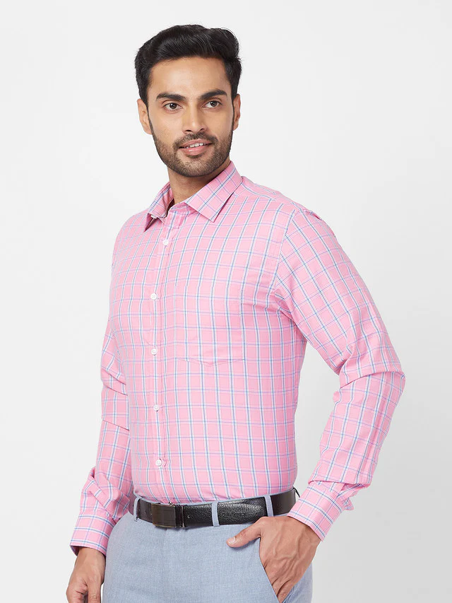 Park Avenue Men Pink Checkered Slim Fit Polyester Blend Formal Shirt - Image 3
