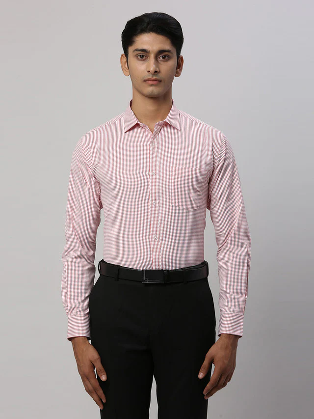 Park Avenue Men Red Checkered Slim Fit Full Sleeve Semi Cut Away Collar Shirt