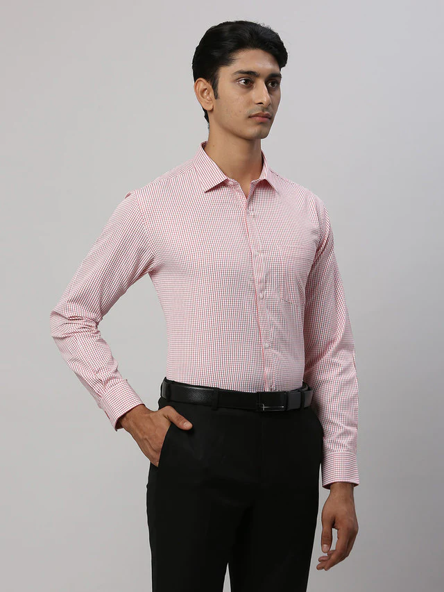 Park Avenue Men Red Checkered Slim Fit Full Sleeve Semi Cut Away Collar Shirt - Image 2