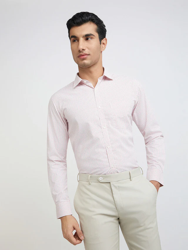 Park Avenue Men Red Checkered Slim Fit Polyester Blend Formal Shirt