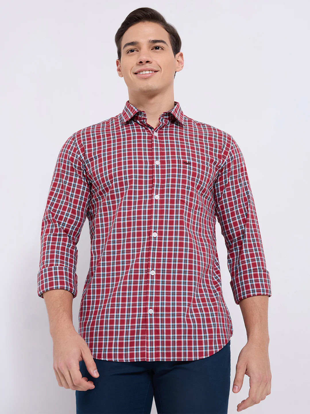 Park Avenue Men Red Checks Slim Fit Cotton Casual Shirt - Image 2