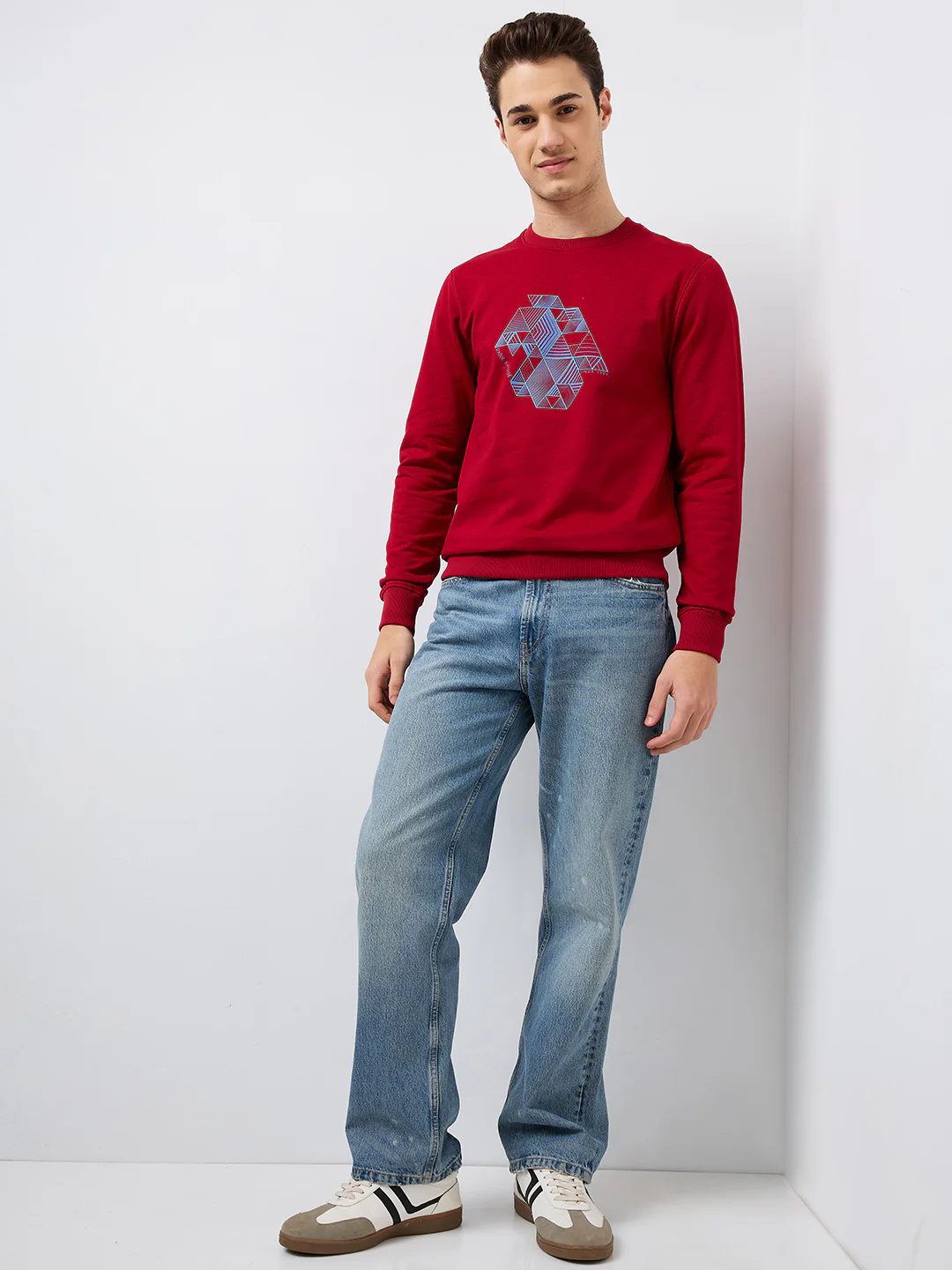 Park Avenue Men Red Printed Slim Fit Cotton Blend Round Neck Collar Sweatshirt - Image 5