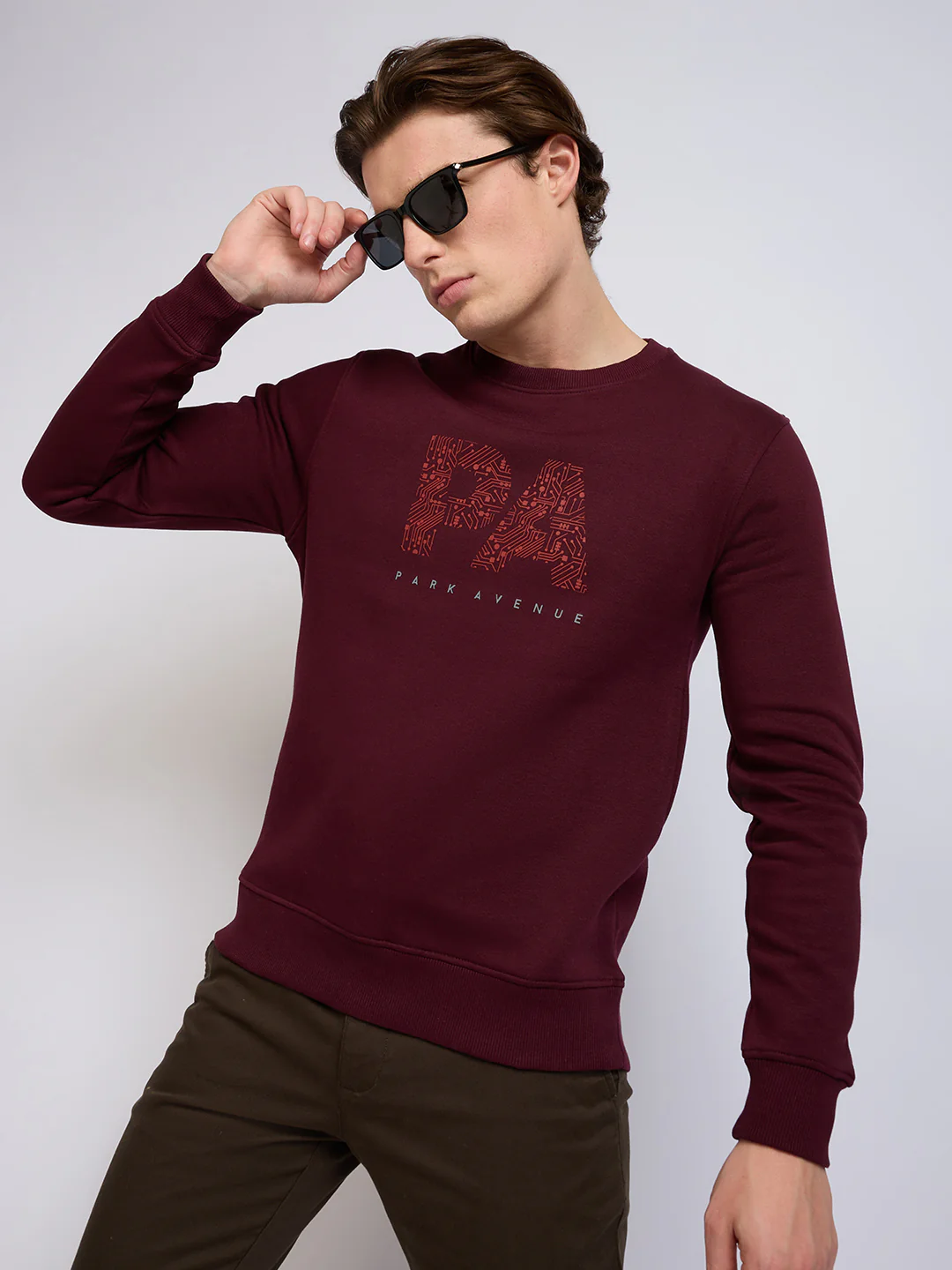 Park Avenue Men Maroon Printed Slim Fit Cotton Blend Sweatshirt - Image 7