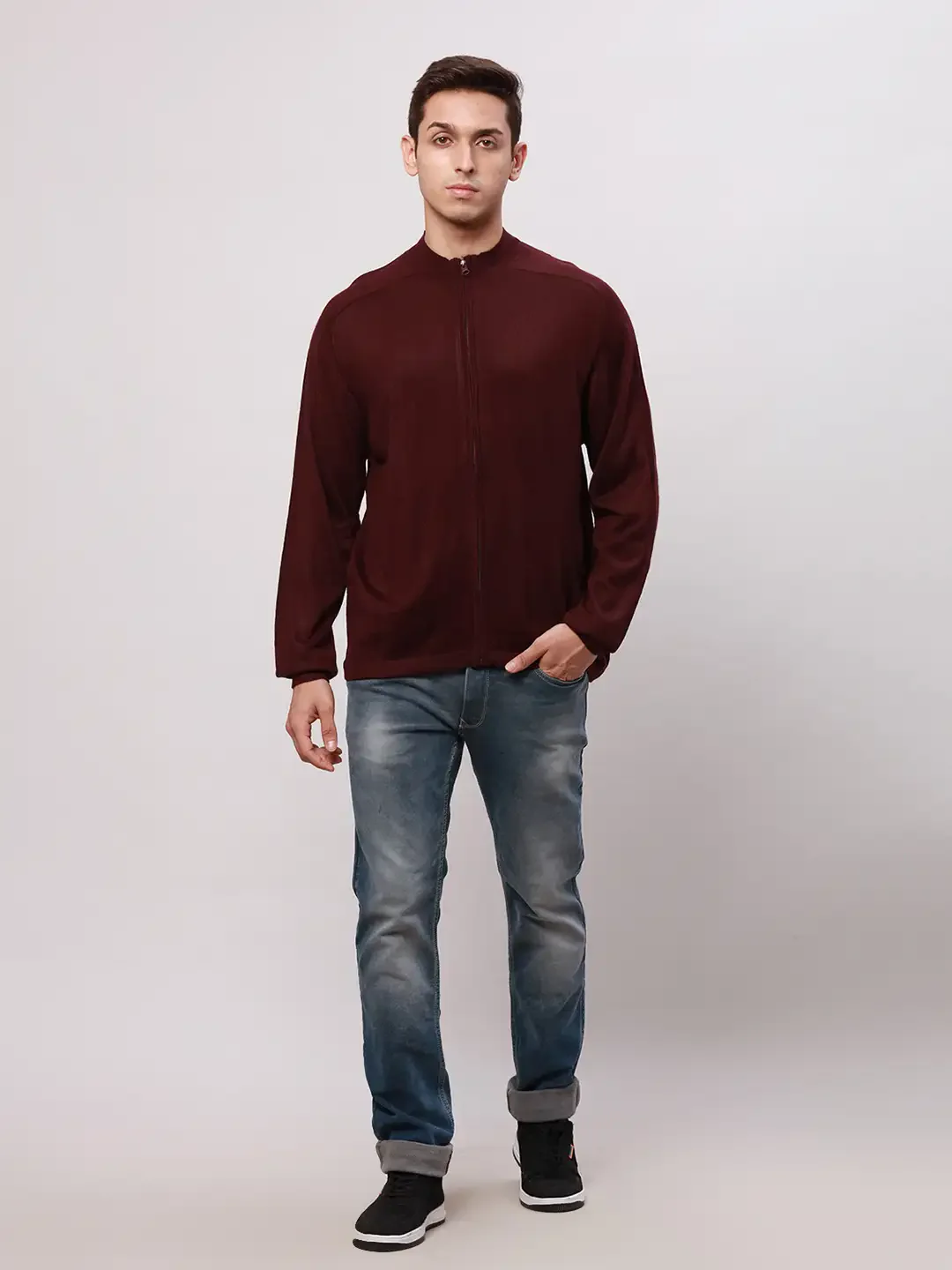 Park Avenue Men Red Regular Fit Solid Cotton Full Sleeve V Neck Collar Pullovers - Image 5