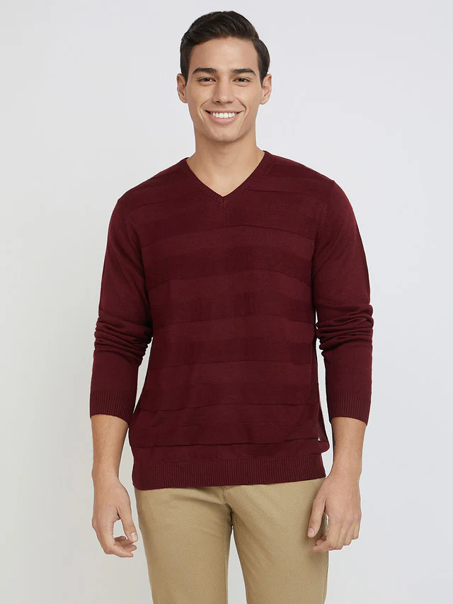 Park Avenue Men Red Solid Regular Acrylic Blend Full Sleeve Pullover