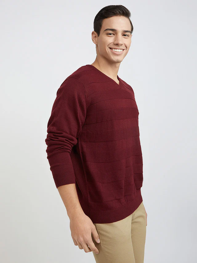 Park Avenue Men Red Solid Regular Acrylic Blend Full Sleeve Pullover - Image 2