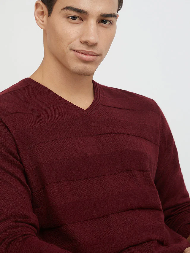 Park Avenue Men Red Solid Regular Acrylic Blend Full Sleeve Pullover - Image 6