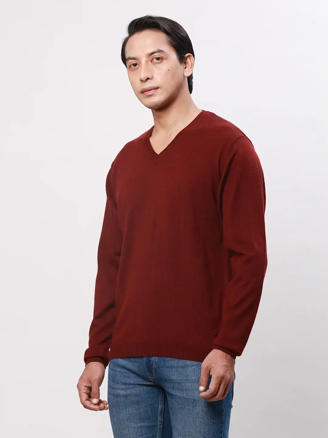 Park Avenue Men Red Solid Regular Acrylic Blend Full Sleeve Pullover - Image 3
