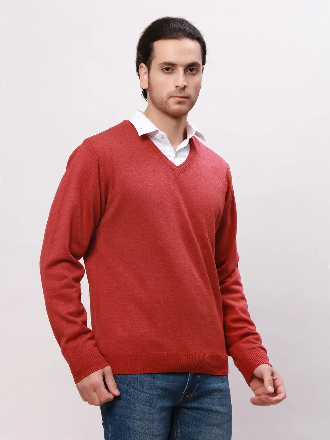 Park Avenue Men Red Solid Regular Acrylic Full Sleeve Pullover - Image 2