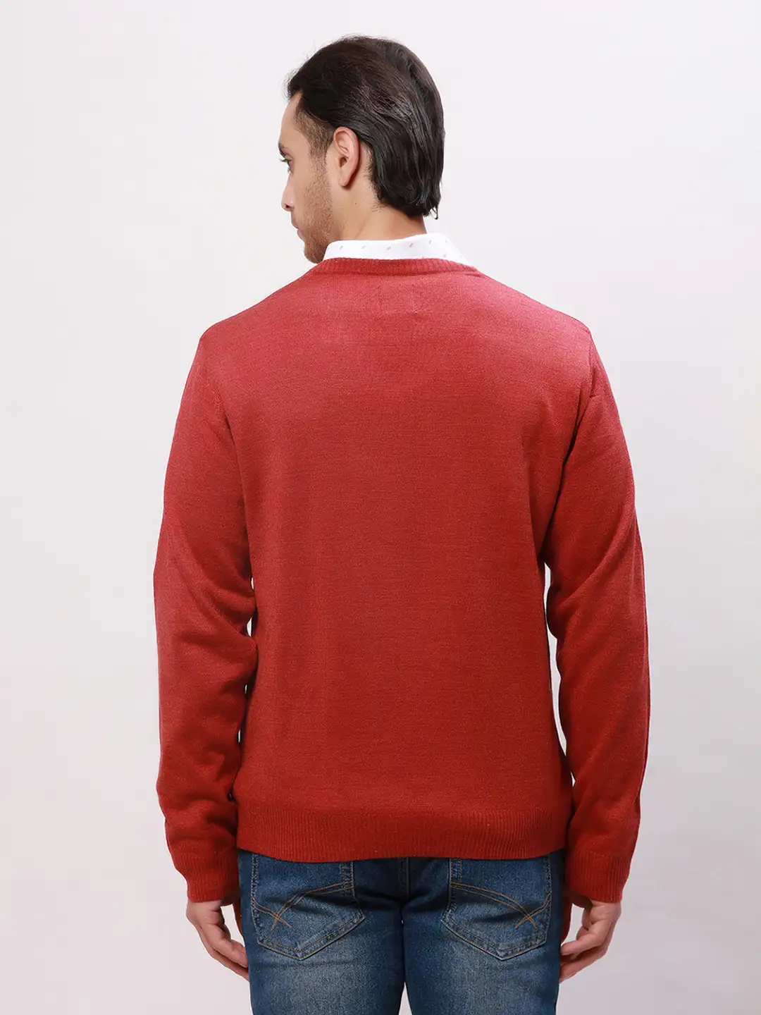 Park Avenue Men Red Solid Regular Acrylic Full Sleeve Pullover - Image 4