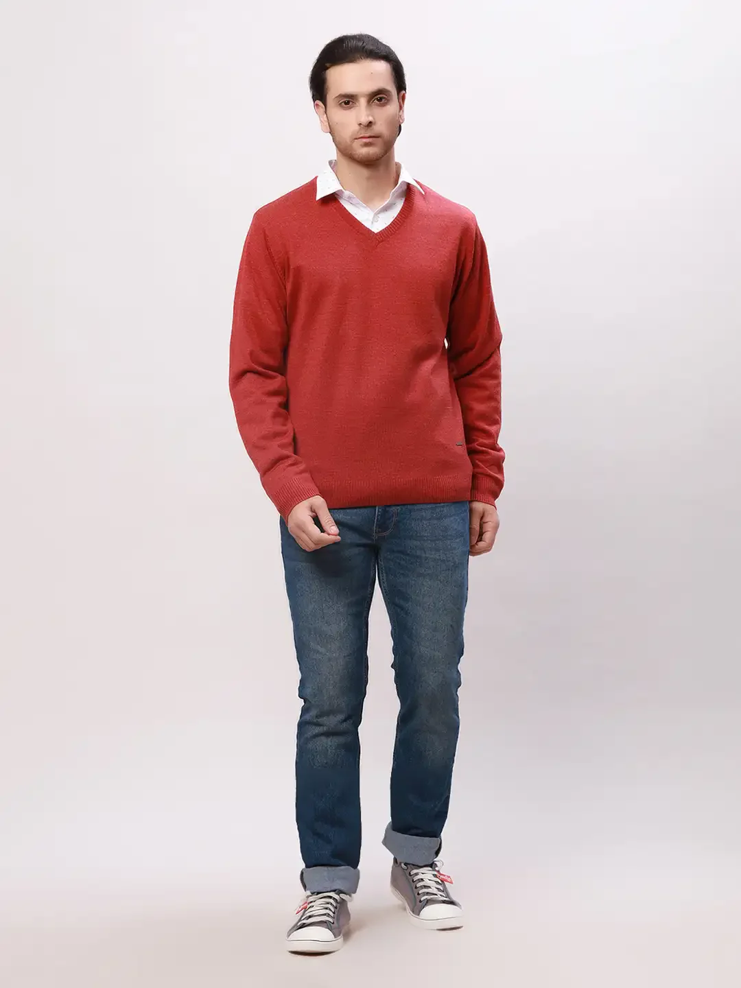 Park Avenue Men Red Solid Regular Acrylic Full Sleeve Pullover - Image 5